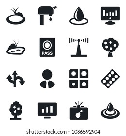 Set of vector isolated black icon - bomb in case vector, passport, statistic monitor, water drop, pond, pills blister, route, antenna, application, supply, fruit tree, estate agent