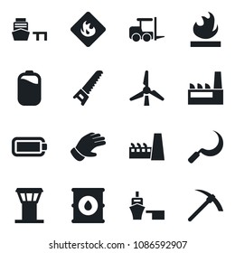 Set of vector isolated black icon - airport tower vector, fork loader, glove, saw, sickle, sea port, flammable, oil barrel, battery, windmill, factory, hard work