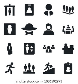Set of vector isolated black icon - security gate vector, elevator, male, pedestal, team, manager place, run, support, identity card, meeting, career ladder, estate agent, dress code, pass