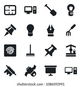 Set of vector isolated black icon - presentation board vector, drawing pin, bulb, job, garden fork, rake, well, satellite, fingerprint id, ink pen, plan, rolling, pc