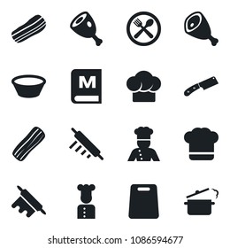 Set of vector isolated black icon - cook vector, cafe, hat, menu, bacon, ham, bowl, rolling pin, cutting board, knife, steaming pan