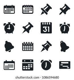 Set of vector isolated black icon - alarm clock vector, drawing pin, calendar, term, bell, schedule