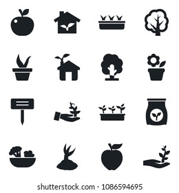 Set of vector isolated black icon - flower in pot vector, seedling, tree, sproute, plant label, fertilizer, salad, apple fruit, eco house, palm