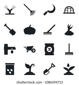 Set of vector isolated black icon - job vector, shovel, rake, wheelbarrow, sproute, sickle, pumpkin, greenhouse, seeds, fertilizer, drip irrigation