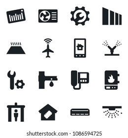 Set of vector isolated black icon - plane radar vector, security gate, drip irrigation, sorting, barcode, root setup, air conditioner, smart home, water heater, intercome, control app, warm floor