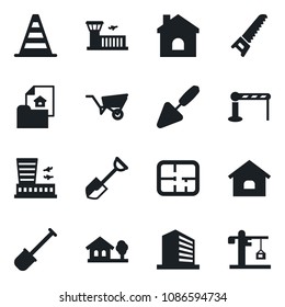 Set of vector isolated black icon - barrier vector, border cone, airport building, office, trowel, shovel, wheelbarrow, saw, house, with tree, plan, estate document, crane