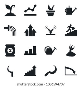 Set of vector isolated black icon - growth statistic vector, seedling, watering can, sproute, sickle, fertilizer, bar graph, point, career ladder, irrigation, arrow up, crisis