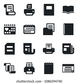 Set of vector isolated black icon - contract vector, book, notepad, document, printer, medical calendar, folder, news, copybook, schedule