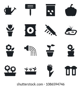 Set of vector isolated black icon - flower in pot vector, seedling, watering can, plant label, pumpkin, seeds, tulip, oil barrel, pond, rolling pin, water filter