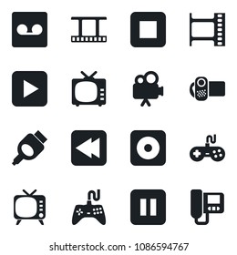 Set of vector isolated black icon - film frame vector, tv, gamepad, video camera, play button, pause, stop, rewind, rec, hdmi, record, intercome