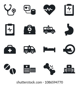 Set of vector isolated black icon - bed vector, heart pulse, doctor case, stethoscope, blood pressure, pills, tomography, ambulance car, stomach, broken bone, clipboard, hospital