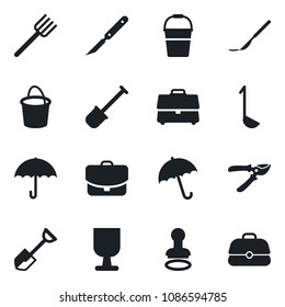 Set of vector isolated black icon - umbrella vector, stamp, shovel, farm fork, bucket, pruner, scalpel, fragile, case, ladle