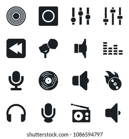 Set of vector isolated black icon - vinyl vector, flame disk, microphone, radio, speaker, settings, equalizer, headphones, rewind, tuning, record, sound