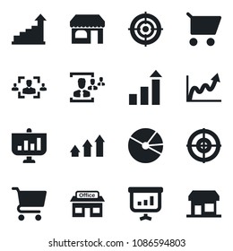 Set of vector isolated black icon - shop vector, growth statistic, store, pie graph, hr, target, arrow up, cart, presentation, storefront