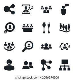Set of vector isolated black icon - spoon and fork vector, speaking man, team, patient, group, company, hr, meeting, client search, consumer, social media, hierarchy