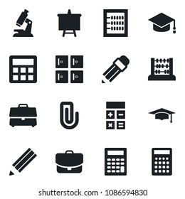 Set of vector isolated black icon - checkroom vector, calculator, graduate, abacus, presentation board, microscope, case, paper clip, pencil