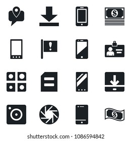 Set of vector isolated black icon - mobile phone vector, identity card, document, important flag, tracking, cell, camera, download, application, cash