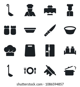Set of vector isolated black icon - fridge vector, cook, restaurant table, cafe, hat, salt and pepper, ladle, bowl, rolling pin, cutting board, knife, steaming pan
