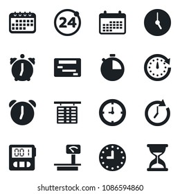 Set of vector isolated black icon - 24 around vector, flight table, clock, heavy scales, alarm, stopwatch, calendar, schedule, sand