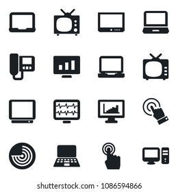 Set of vector isolated black icon - radar vector, notebook pc, statistic monitor, pulse, tv, touch screen, laptop, statistics, intercome