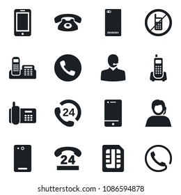Set of vector isolated black icon - phone vector, no mobile, office, 24 hours, support, cell, back, sim