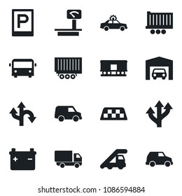 Set of vector isolated black icon - taxi vector, airport bus, parking, alarm car, ladder, route, truck trailer, delivery, heavy scales, railroad, garage, battery