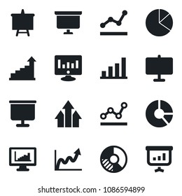 Set of vector isolated black icon - growth statistic vector, presentation board, monitor, circle chart, statistics, bar graph, pie, point, arrow up