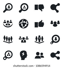 Set of vector isolated black icon - team vector, brainstorm, share, group, finger up, down, network, company, client search, consumer, social media