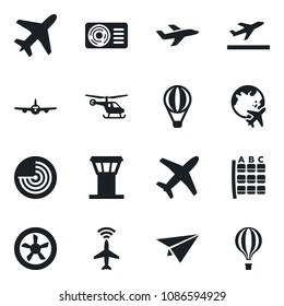 Set of vector isolated black icon - plane vector, airport tower, radar, departure, helicopter, seat map, globe, air conditioner, fan, paper, balloon