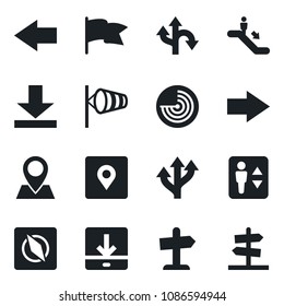 Set of vector isolated black icon - elevator vector, escalator, right arrow, left, wind, radar, route, pin, download, place tag, compass, flag, guidepost
