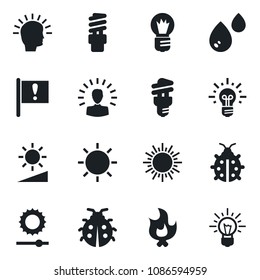 Set of vector isolated black icon - sun vector, bulb, lady bug, fire, important flag, brightness, water, energy saving, shining head, idea
