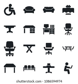 Set of vector isolated black icon - waiting area vector, disabled, office chair, desk, picnic table, cushioned furniture, restaurant, man with notebook