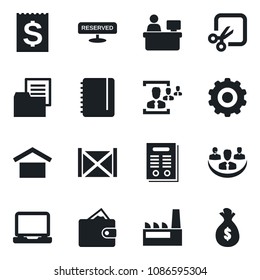 Set of vector isolated black icon - gear vector, notepad, manager place, receipt, container, folder document, warehouse storage, laptop pc, cut, company, hr, contract, factory, reserved, wallet