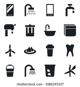 Set of vector isolated black icon - trash bin vector, shower, bucket, tooth, mobile, blank box, water supply, bathroom, serviette, filter, windmill