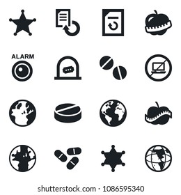 Set of vector isolated black icon - no laptop vector, ticket office, document reload, pills, diet, earth, police, alarm led