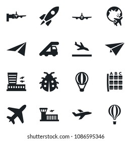 Set of vector isolated black icon - plane vector, arrival, ladder car, boarding, seat map, globe, airport building, lady bug, rocket, paper, air balloon