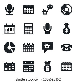 Set of vector isolated black icon - calendar vector, circle chart, microphone, calculator, phone, home message, money bag