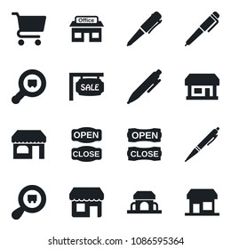 Set of vector isolated black icon - shop vector, pen, store, search cargo, sale, cafe building, open close, cart, storefront