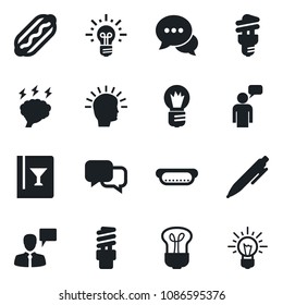 Set of vector isolated black icon - speaking man vector, pen, brainstorm, bulb, dialog, wine card, hot dog, energy saving, shining head, idea