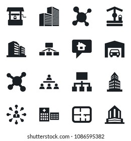 Set of vector isolated black icon - hierarchy vector, well, molecule, hospital, office building, garage, plan, home message