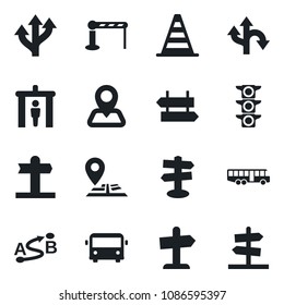 Set of vector isolated black icon - airport bus vector, barrier, security gate, signpost, border cone, route, navigation, traffic light, guidepost