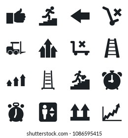 Set of vector isolated black icon - elevator vector, alarm clock, left arrow, fork loader, ladder, up side sign, no trolley, finger, career, graph, growth