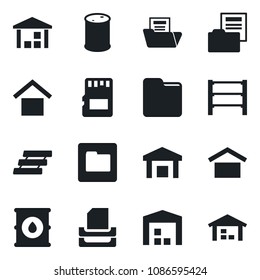 Set of vector isolated black icon - warehouse storage vector, oil barrel, rack, sd, folder, document, paper tray