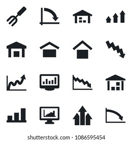 Set of vector isolated black icon - crisis graph vector, garden fork, warehouse storage, monitor statistics, bar, arrow up, growth