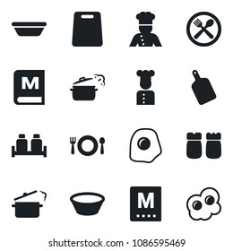 Set of vector isolated black icon - cook vector, cafe, menu, salt and pepper, bowl, cutting board, steaming pan, omelette