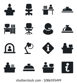 Set of vector isolated black icon - reception bell vector, office chair, desk, manager place, support, lamp, information