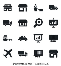 Set of vector isolated black icon - shop vector, store, plane, truck trailer, car delivery, sea port, search cargo, presentation, storefront
