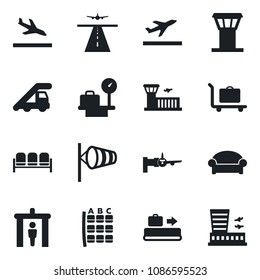 Set of vector isolated black icon - airport tower vector, runway, departure, arrival, baggage conveyor, trolley, security gate, waiting area, ladder car, wind, boarding, seat map, luggage scales