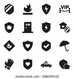 Set of vector isolated black icon - umbrella vector, alarm car, glove, heart shield, flammable, protect, estate insurance, vip zone, home
