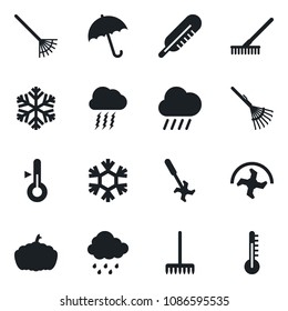 Set of vector isolated black icon - umbrella vector, storm cloud, ripper, rake, rain, pumpkin, thermometer, snowflake